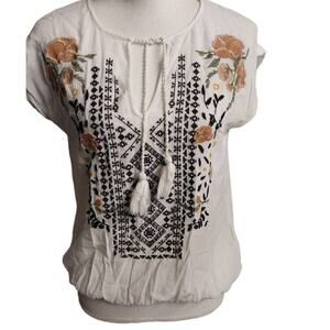 Jessica Simpson Top Blouse Keyhole Tie Embroidered Boho Small